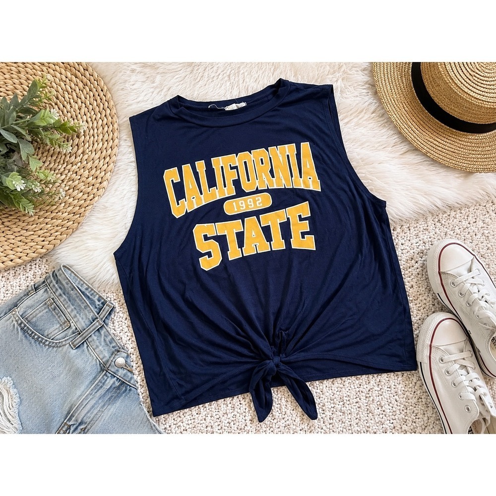 Dirty Laundry California State 1992 Navy Blue Tie Front Muscle Tank Top Medium